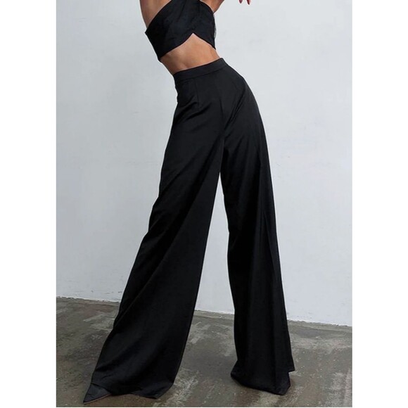 Commense Pants Sz XS Black Satin Pleated Wide Leg Office Siren Night Out Sexy - Picture 1 of 13